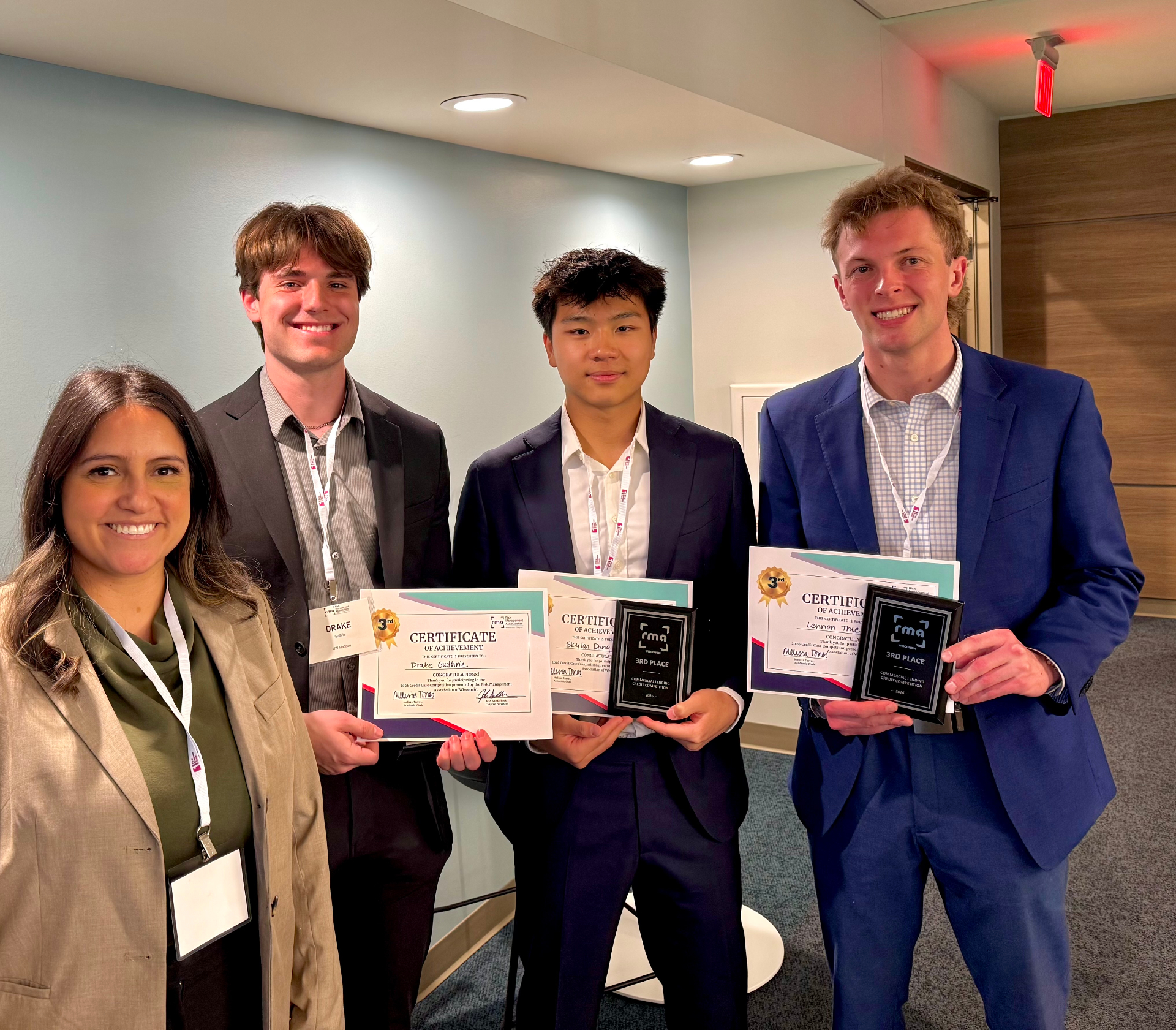 CBC team members holding 3rd place certificates and plaques at the 2026 RMA Credit Case Competition